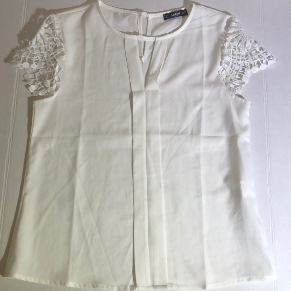 Keyhole White Blouse with Lace Sleeves